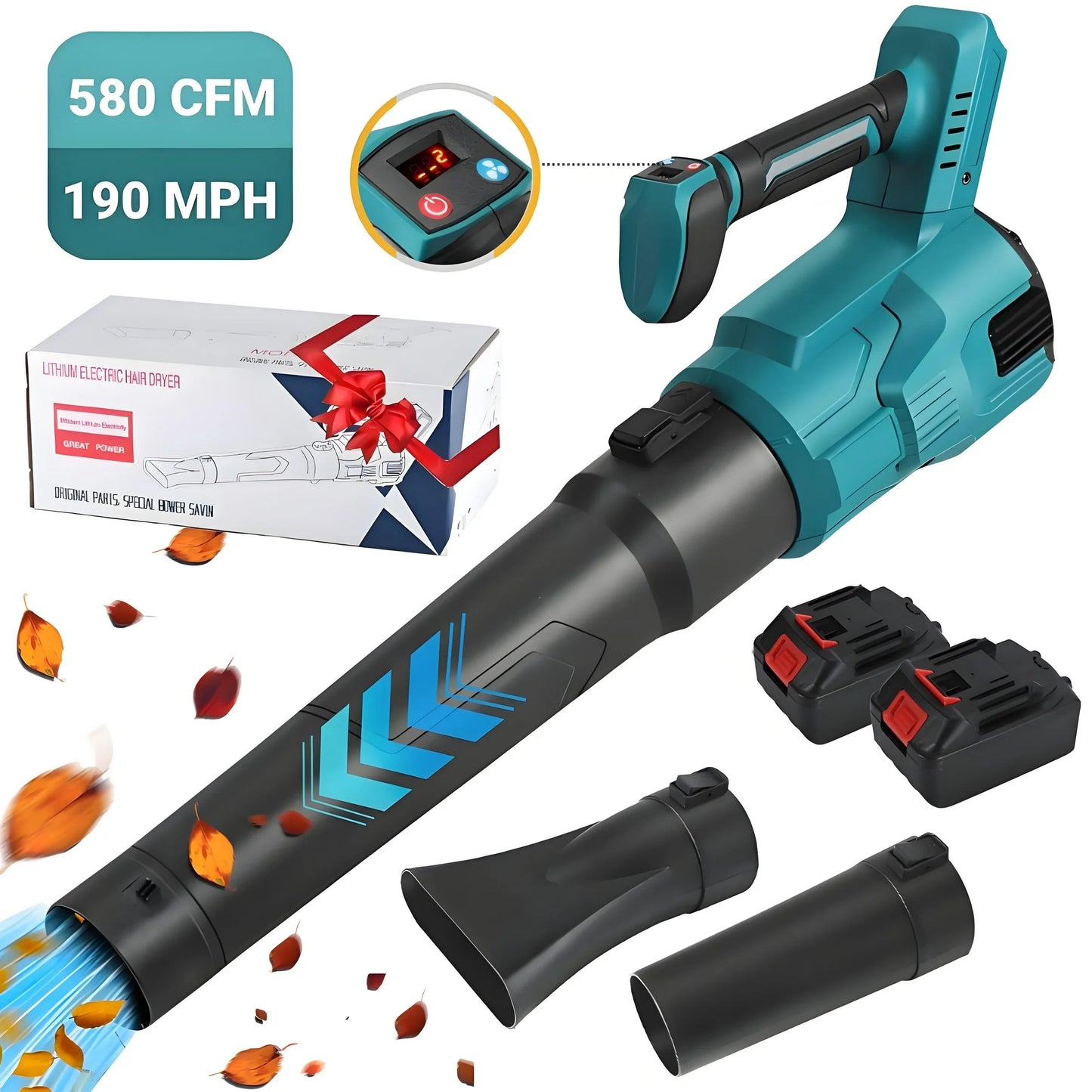 Leaf Blower,GOCHIFIX 580CFM/190MPH Brushless Electric Cordless Leaf Blower with 2PCS Batteries and 3 Nozzles,25000 RPM Lightweight Leaf Blowers for Patio Cleaning, Lawn Care